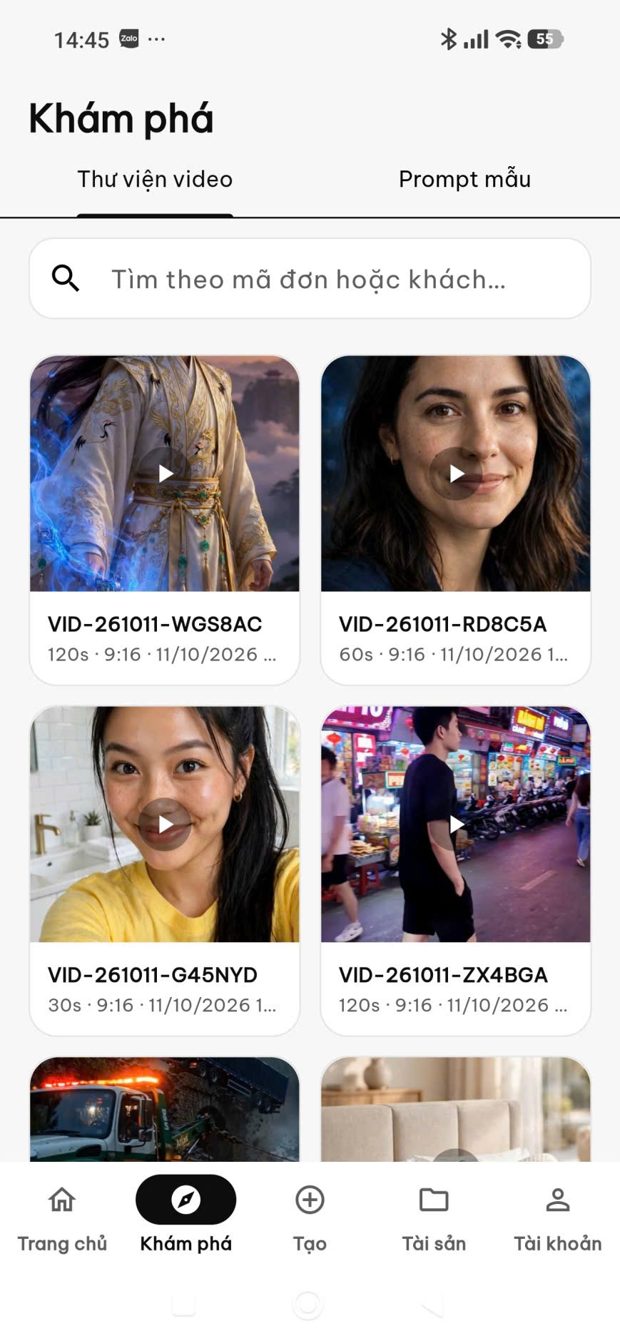 Thư viện video trong app 1Muse
